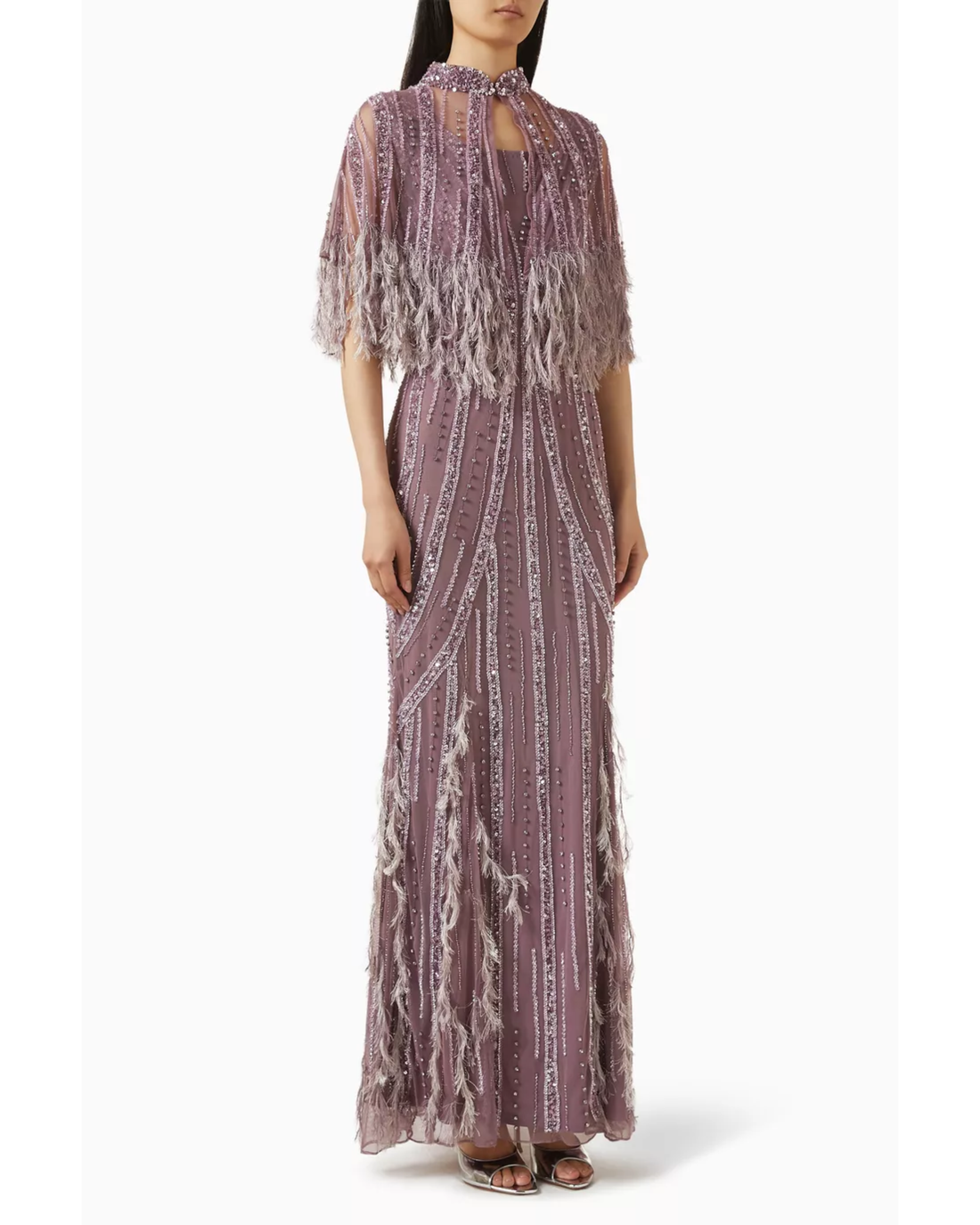 Mauve feather-fringe cape gown with beaded embellishment — Raishma London | Endless UAE
