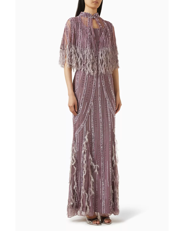 Mauve feather-fringe cape gown with beaded embellishment — Raishma London | Endless UAE