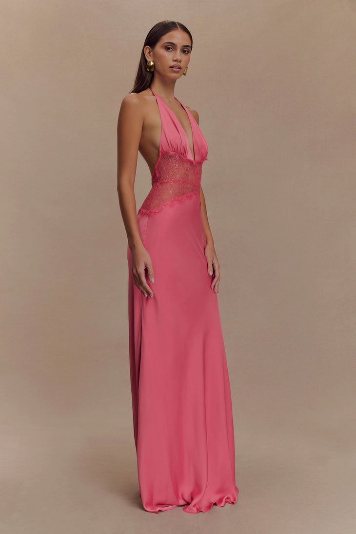 Hot pink halter maxi dress with lace waist detail and deep V-neckline — Meshki | Endless UAE