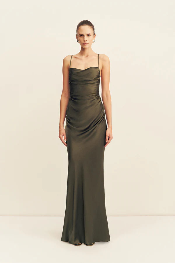 Olive cowl neck maxi dress with ruched side detailing and thin straps — Shona Joy | Endless UAE