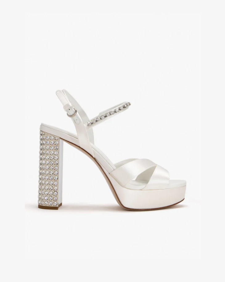 White satin platform sandals with crystal-embellished block heel — Miu Miu | Endless UAE