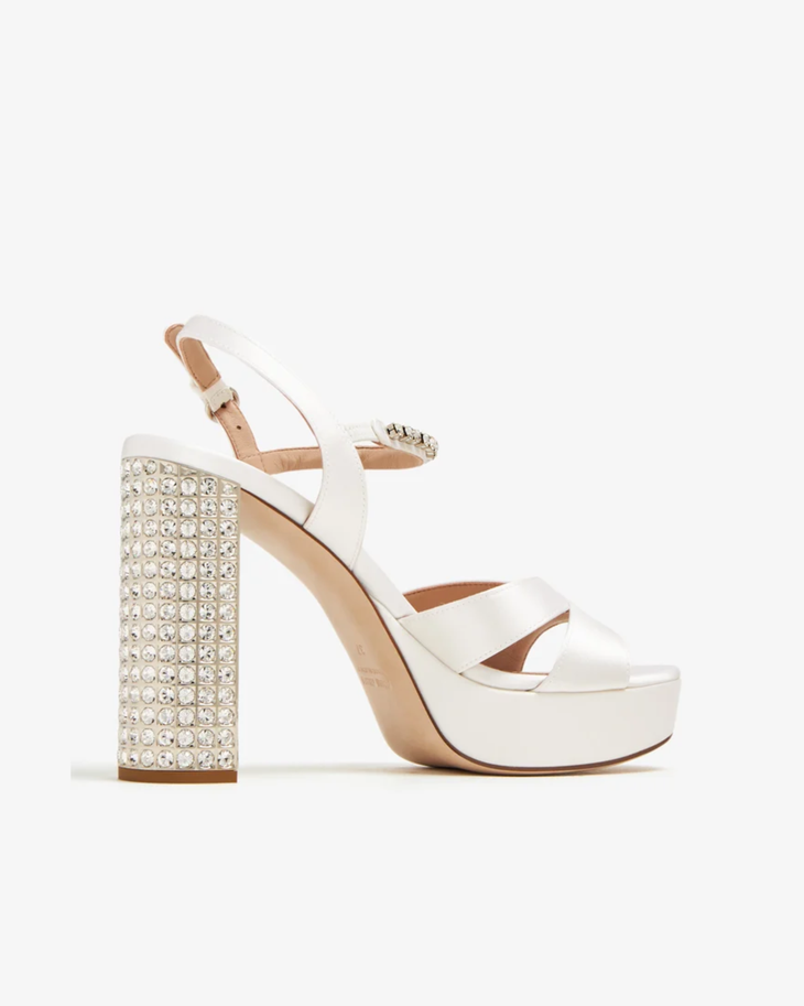 White satin platform sandals with crystal-embellished block heel — Miu Miu | Endless UAE