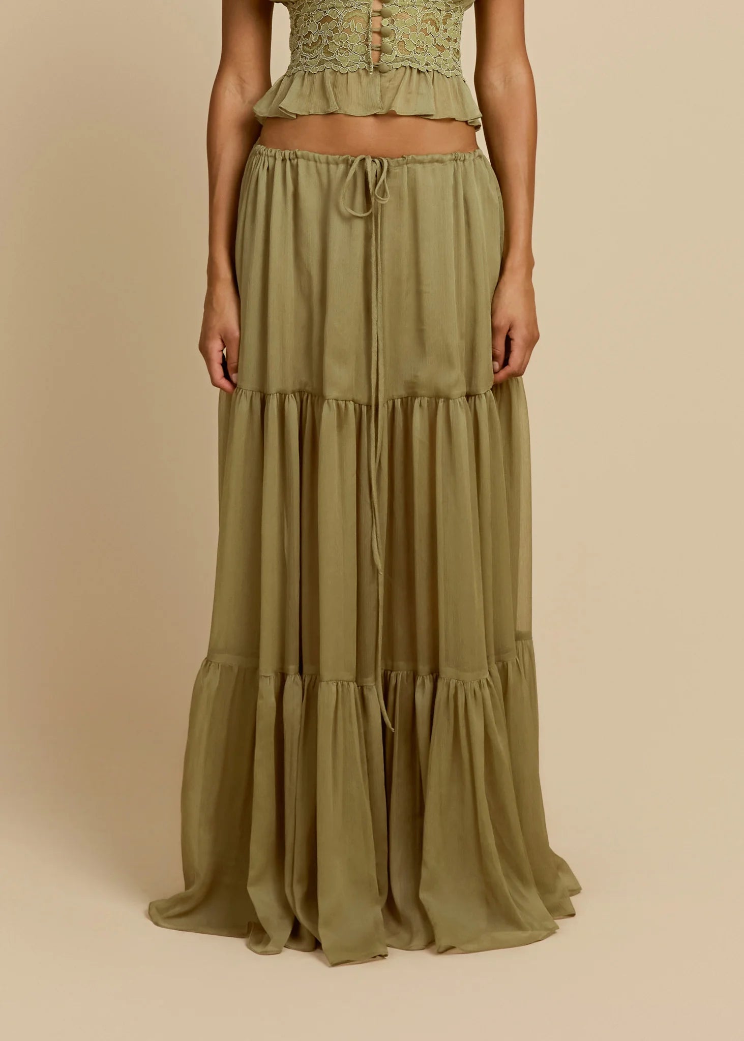 Sabrina Skirt in sage green with tiered ruffles and drawstring waist — Arcina Ori | Endless UAE