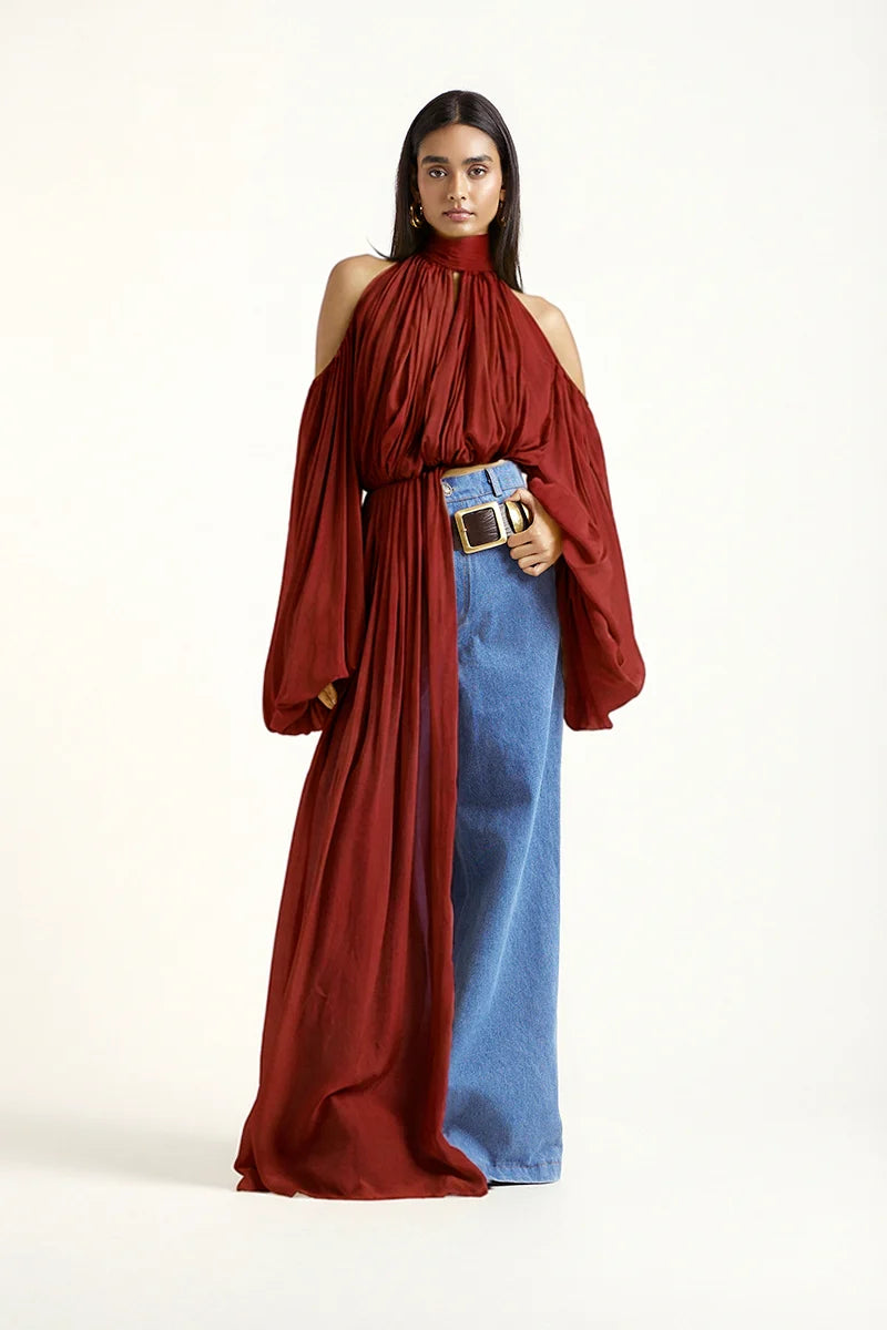 Sage Dress in Brick with cold-shoulder design and flowing sleeves — Deme By Gabriella | Endless UAE