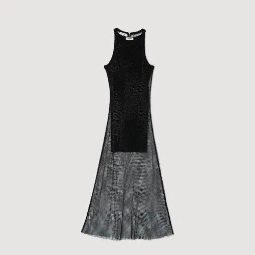 Black sleeveless shiny mesh midi dress with layered tulle overlay — Sandro | Endless UAE