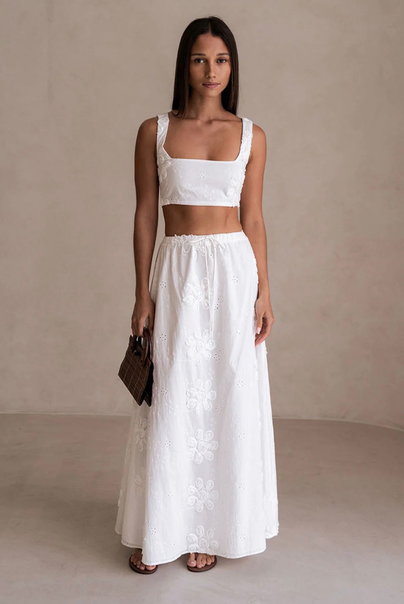 White embroidered crop top with square neckline and ruffle straps — Sabo | Endless UAE