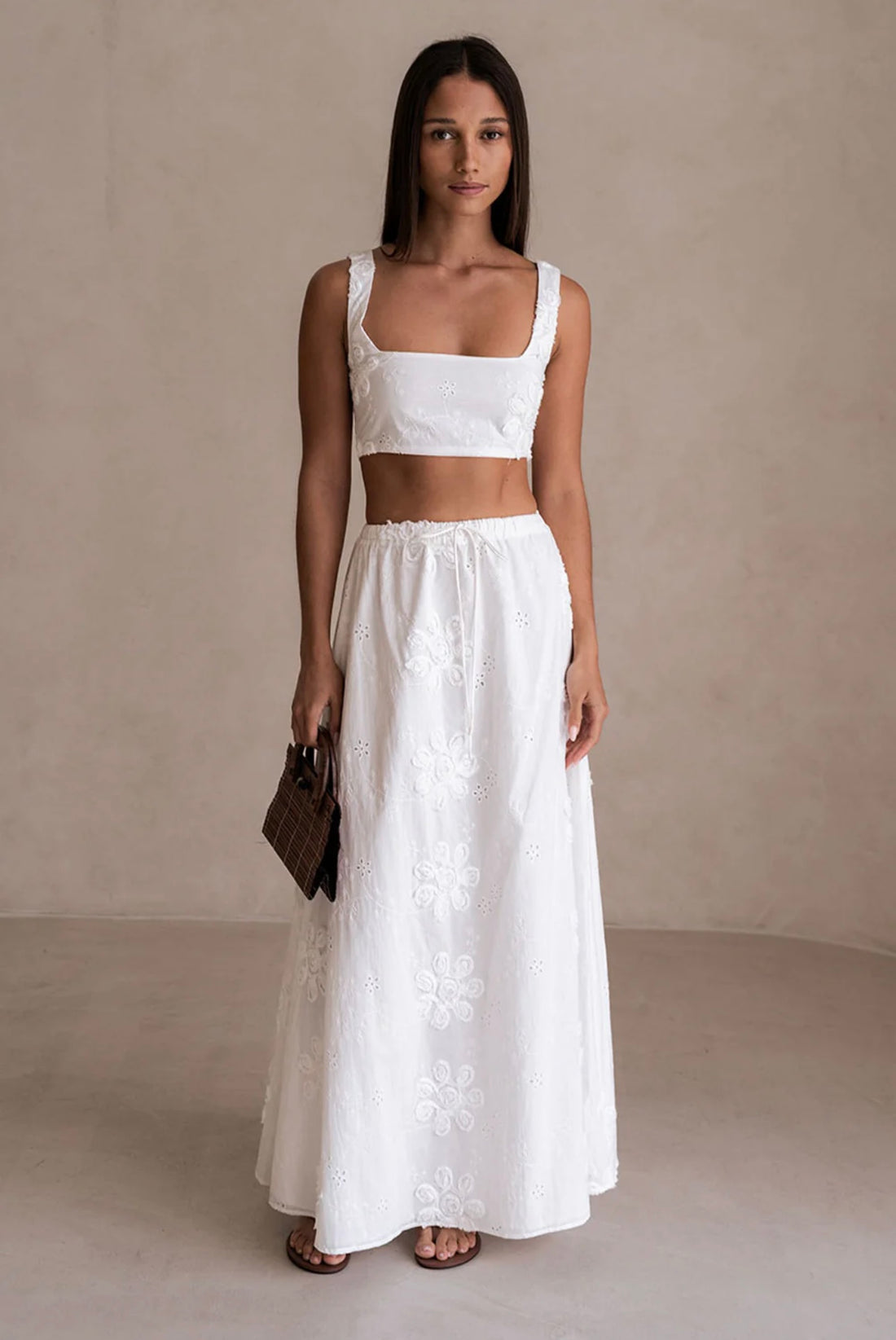 White embroidered crop top with square neckline and ruffle straps — Sabo | Endless UAE