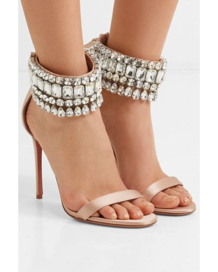 Nude satin heeled sandals with cascading crystal embellishments around the ankle — Aquazurra | Endless UAE