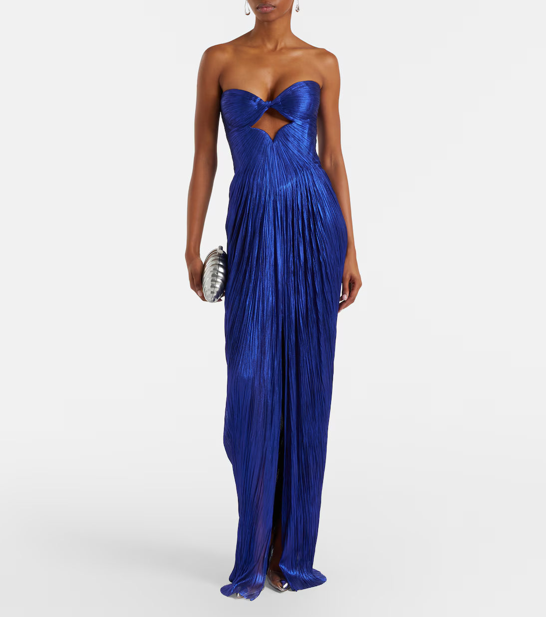 Royal blue pleated silk maxi gown with sweetheart neckline and cutout detail — Maria Lucia Hohan | Endless UAE