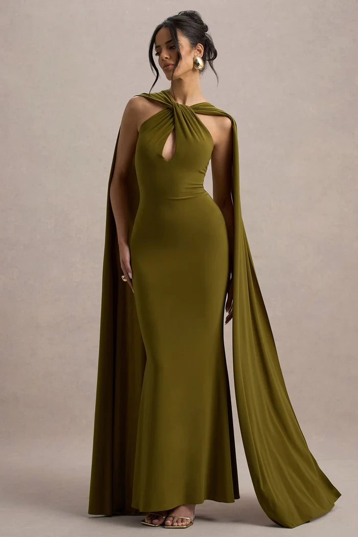 Olive green halter-neck cape maxi dress with twisted neckline detail — Club L London | Endless UAE