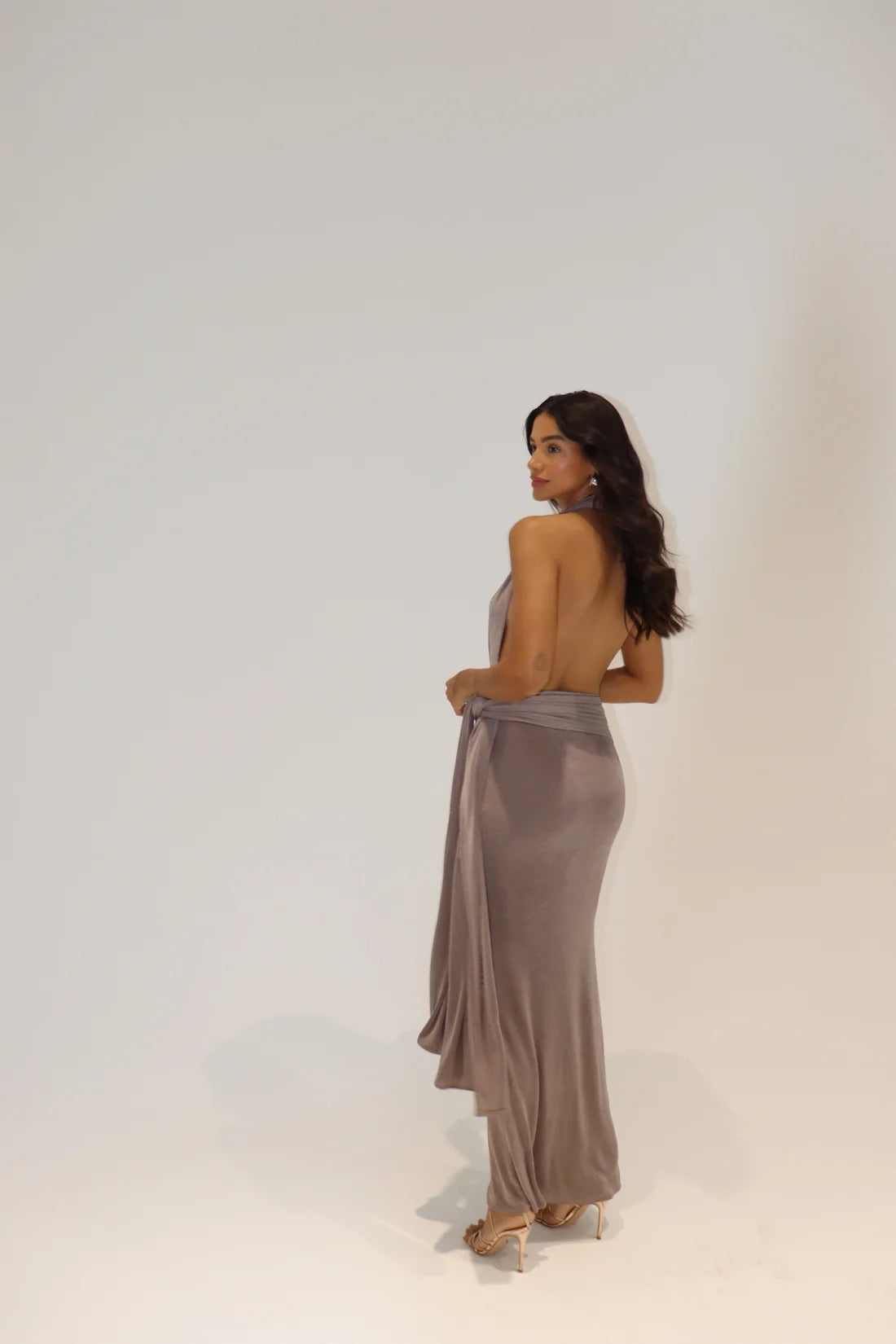 Valeria Gown Charcoal backless maxi dress with draped skirt detail — By Alle | Endless UAE