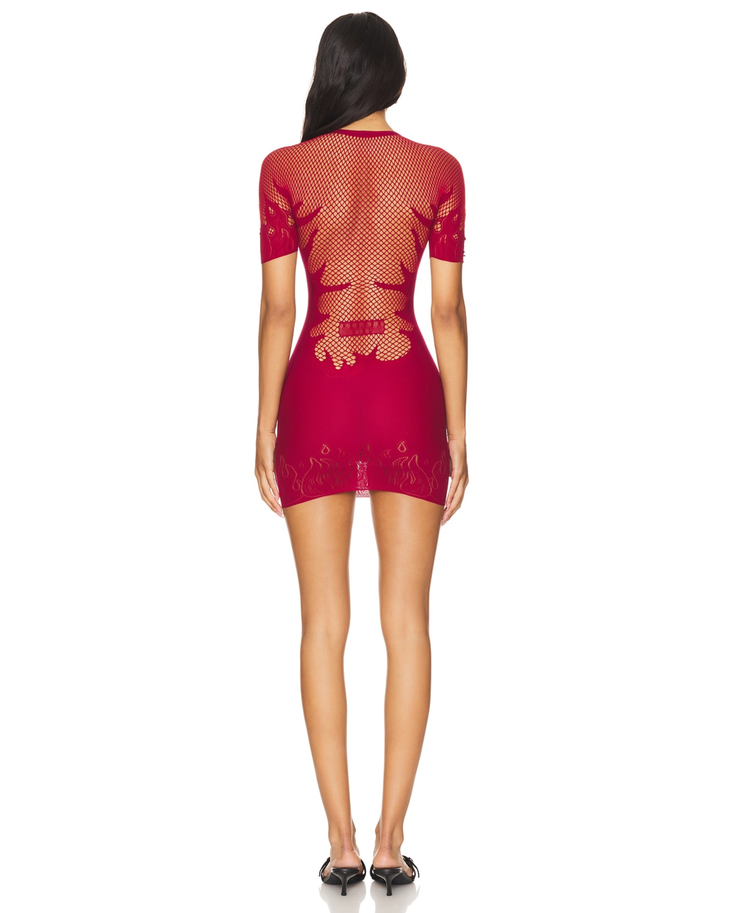 Burgundy fishnet mini dress with sheer panels and decorative cutouts — POSTER GIRL | Endless UAE