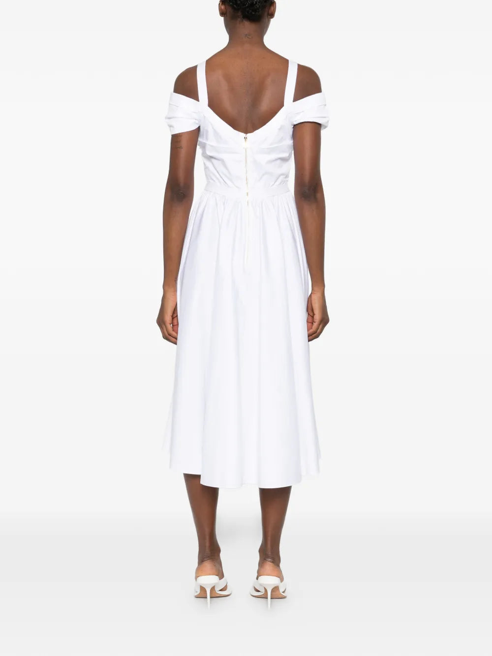 White stretch cotton dress with cold-shoulder sleeves and open back — Elisabetta Franchi | Endless UAE