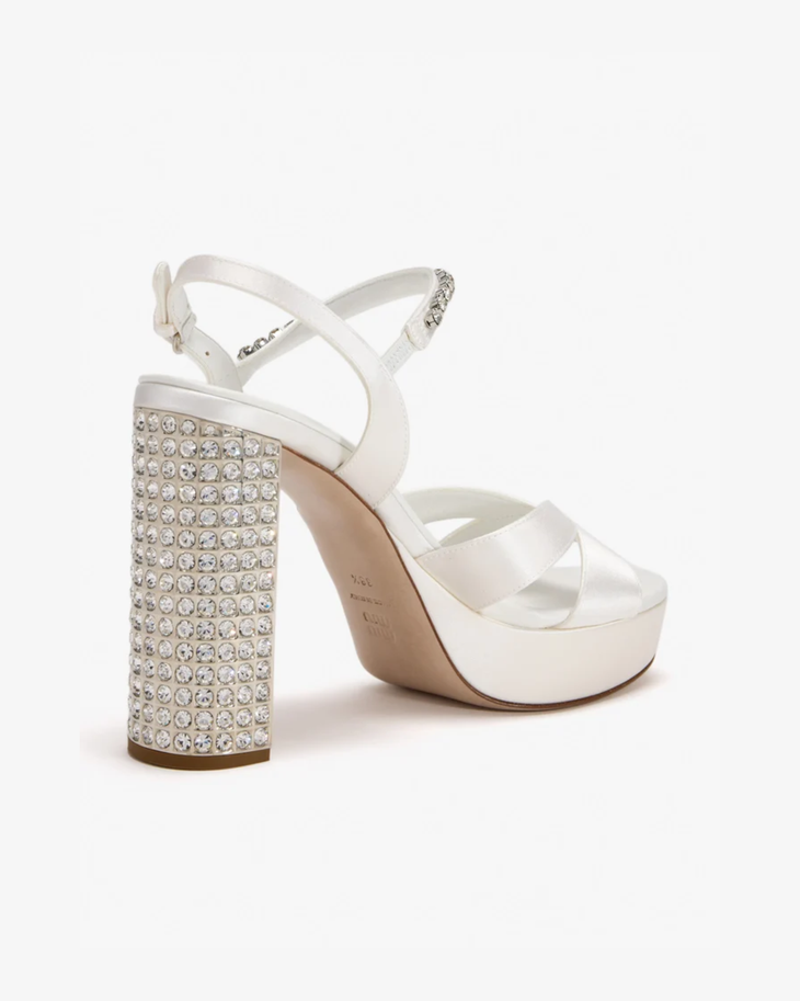 White satin platform sandals with crystal-embellished block heel — Miu Miu | Endless UAE