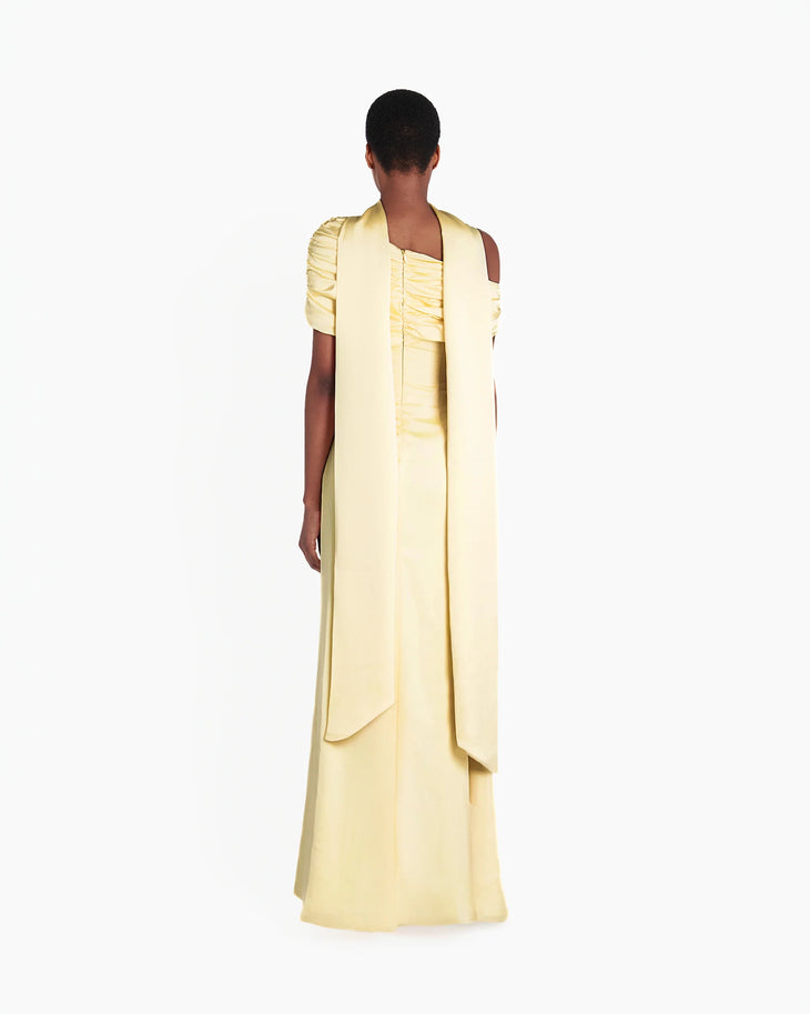 Kiris Dress in pale yellow with ruched shoulder draping and flowing silhouette — Khanum's | Endless UAE