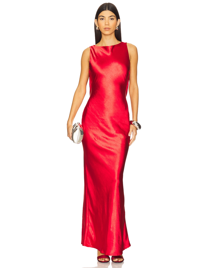 Red sleeveless maxi dress with metallic clutch and silver bangles — Runaway The Label | Endless UAE