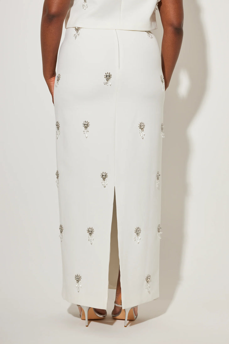 Crystal-embellished white maxi skirt with beige waistband on model — Odd Muse | Endless UAE