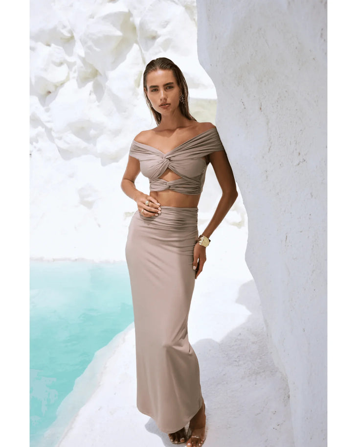 Beige ruched off-shoulder crop top and skirt co-ord set with twisted knot details — BY ALL'E | Endless UAE