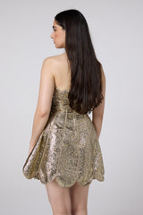 Gold sequin sleeveless mini dress with sweetheart neckline and pleated skirt — Mayka | Endless UAE