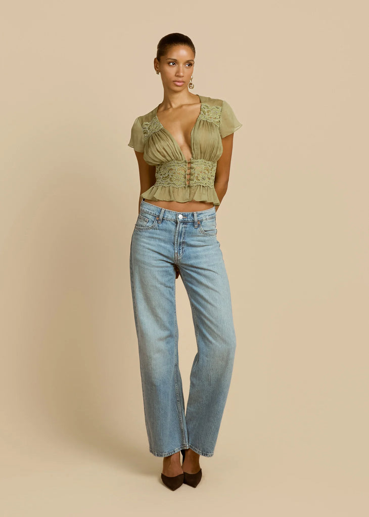 Sabrina Top in sage with lace detailing and ruched front — Arcina Ori | Endless UAE