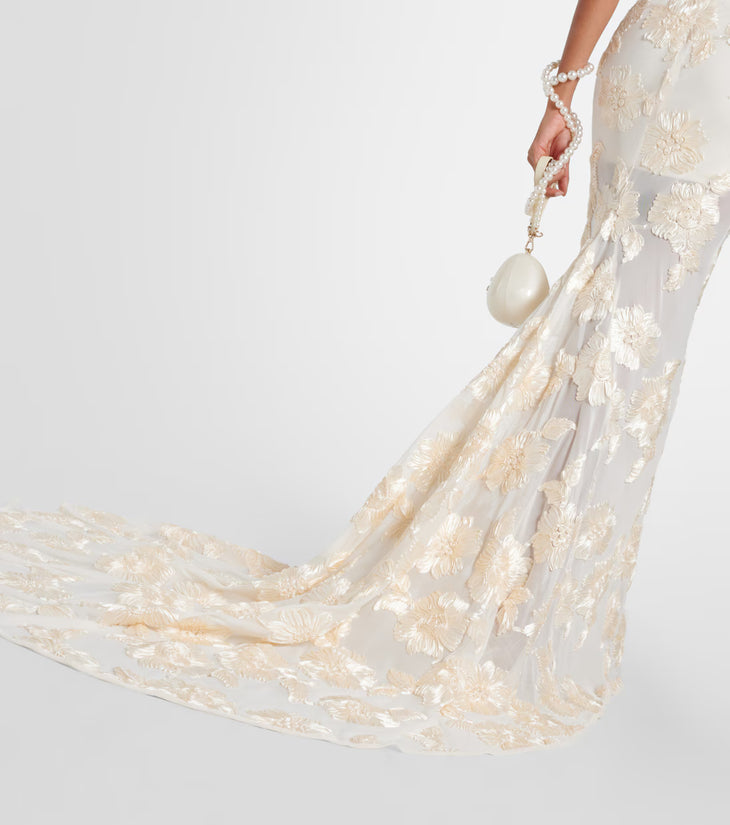 Alberty cream floral-appliqué mesh strapless gown with train — Rotate Birger Christensen | Endless UAE
