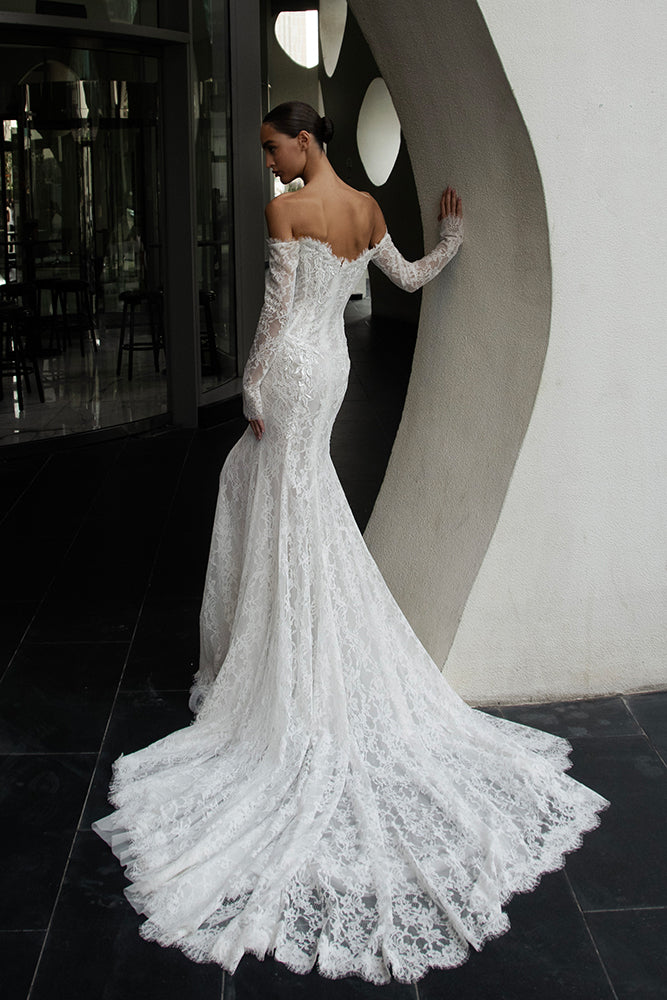 Kaystine off-shoulder lace wedding dress with long sleeves — Patricia Tesori Couture | Endless UAE