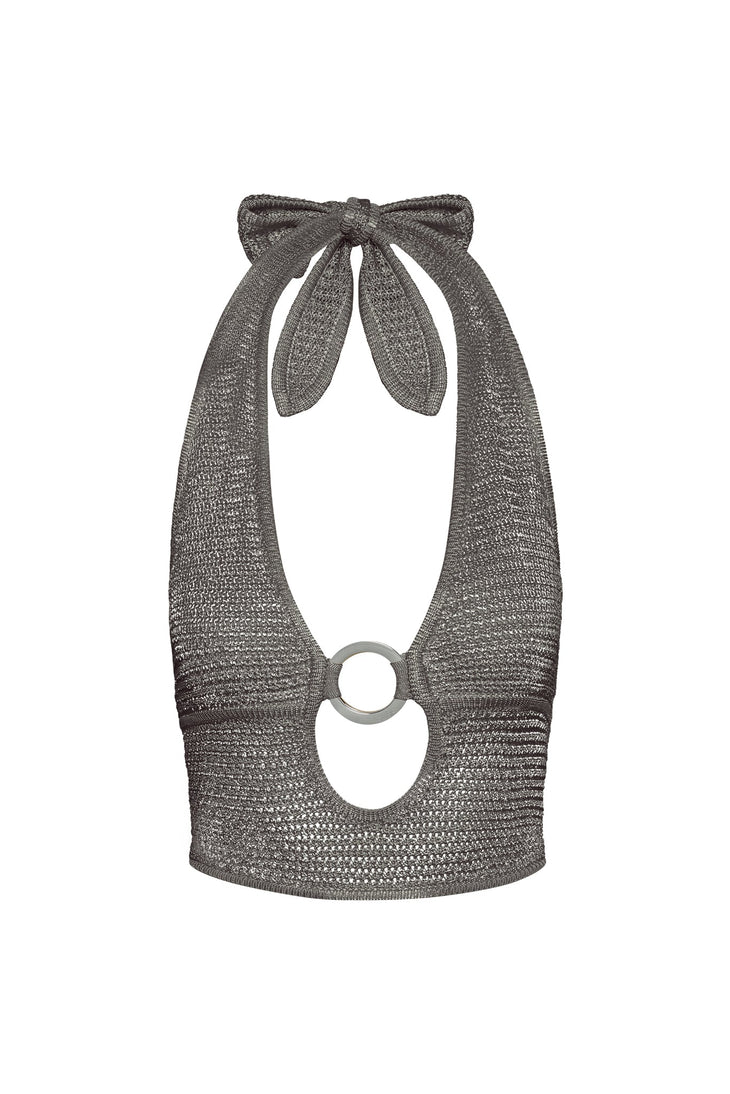 Woman wearing steel gray halter crop top with ring detail — Monday Swimwear | Endless UAE