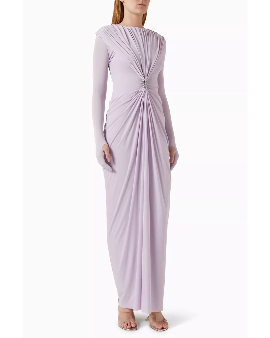 Woman wearing lavender long-sleeve draped maxi dress with embellished waist detail — Chats By C.Dam | Endless UAE