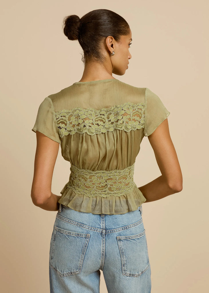 Sabrina Top in sage with lace detailing and ruched front — Arcina Ori | Endless UAE