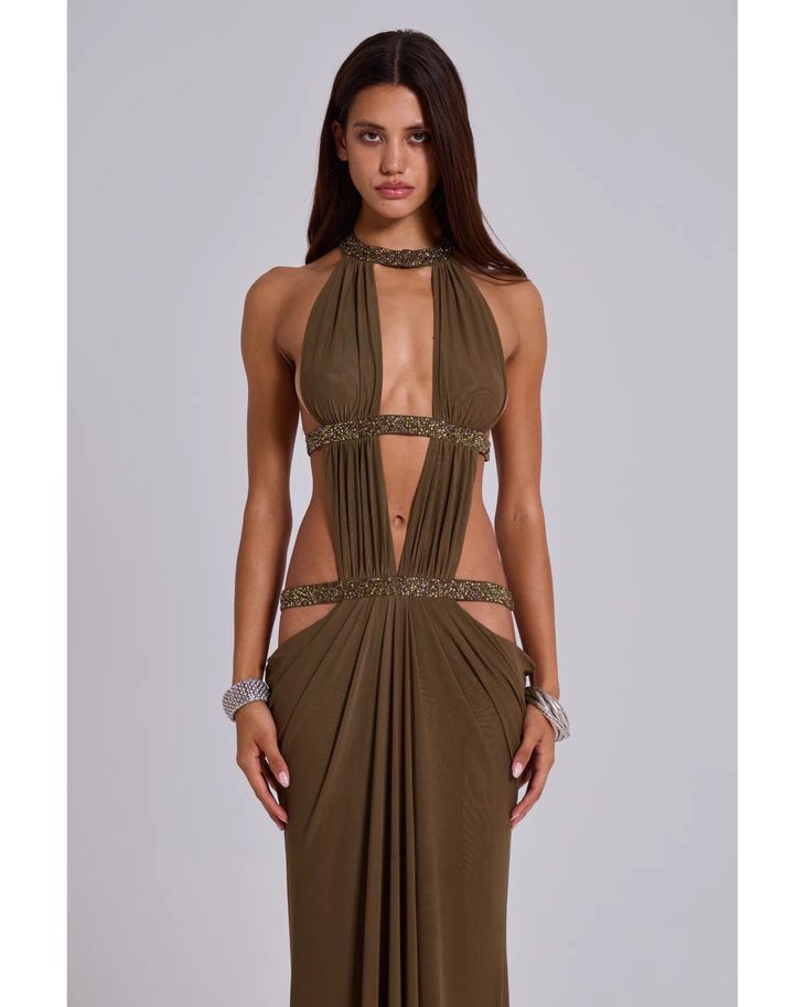 Olive halter maxi dress with beaded cutout details and draped fabric — Jaded London | Endless UAE