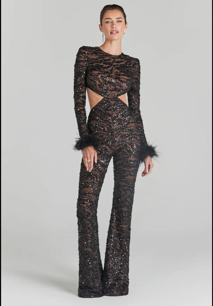 Black sequin jumpsuit with cutout details and feathered cuffs — Nadine Merabi | Endless UAE