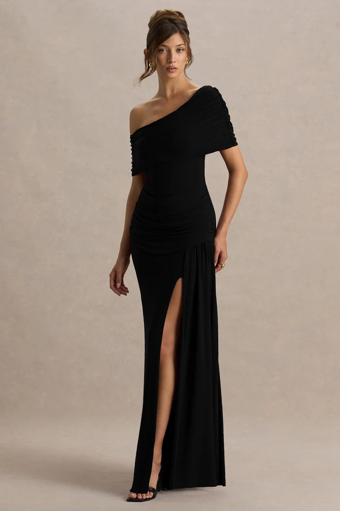 Woman wearing black asymmetric-neck maxi dress with draped off-shoulder sleeve detail — Club London | Endless UAE