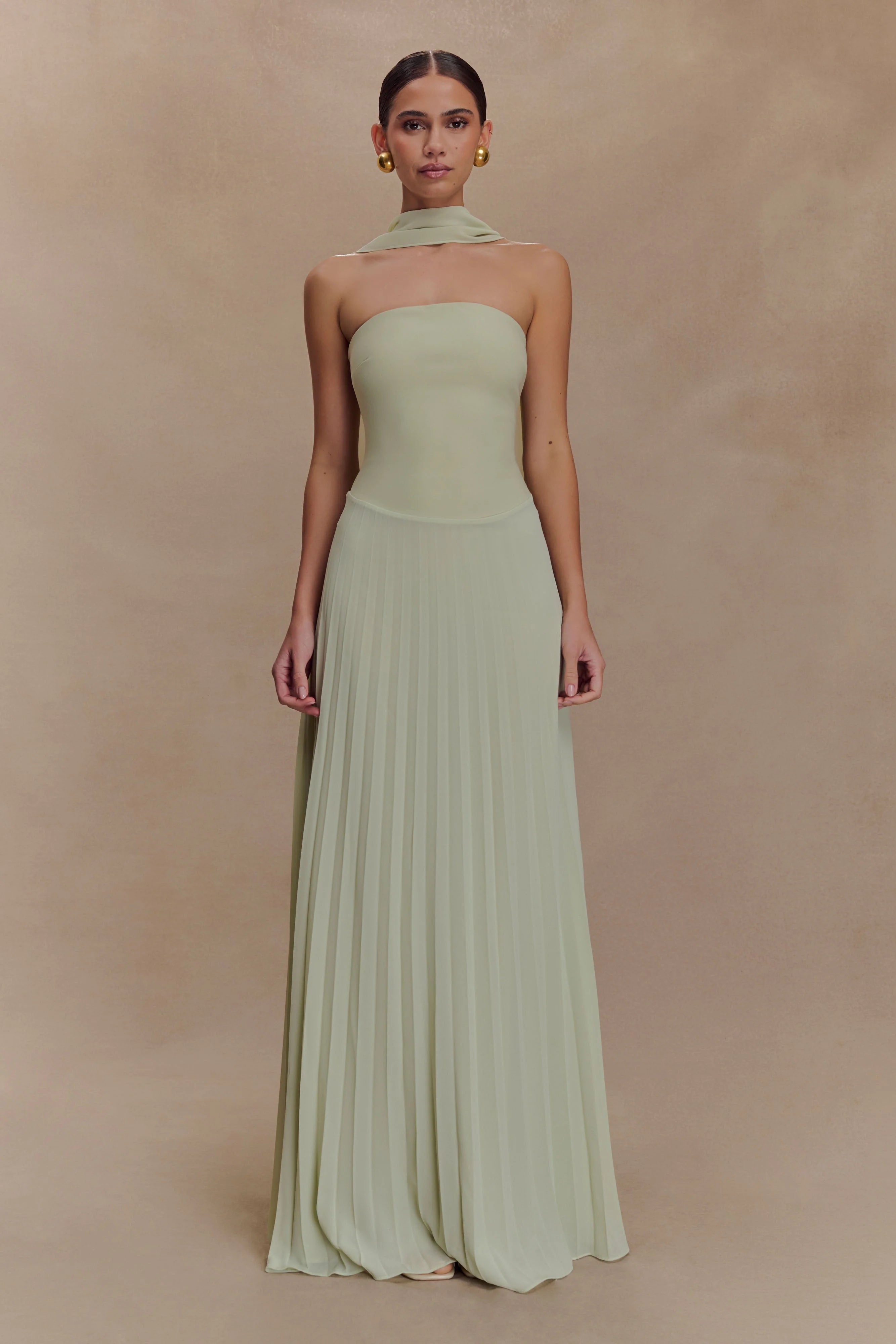 Sage green strapless chiffon maxi dress with pleated skirt and detachable scarf collar — Meshki | Endless UAE