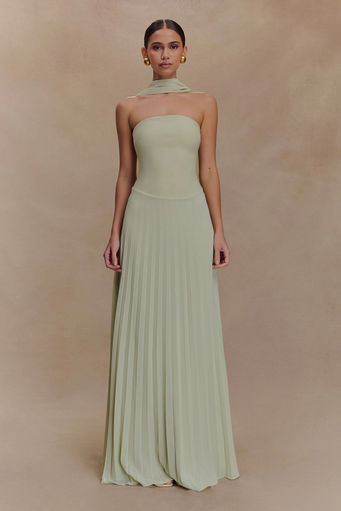 Sage green strapless chiffon maxi dress with pleated skirt and detachable scarf collar — Meshki | Endless UAE