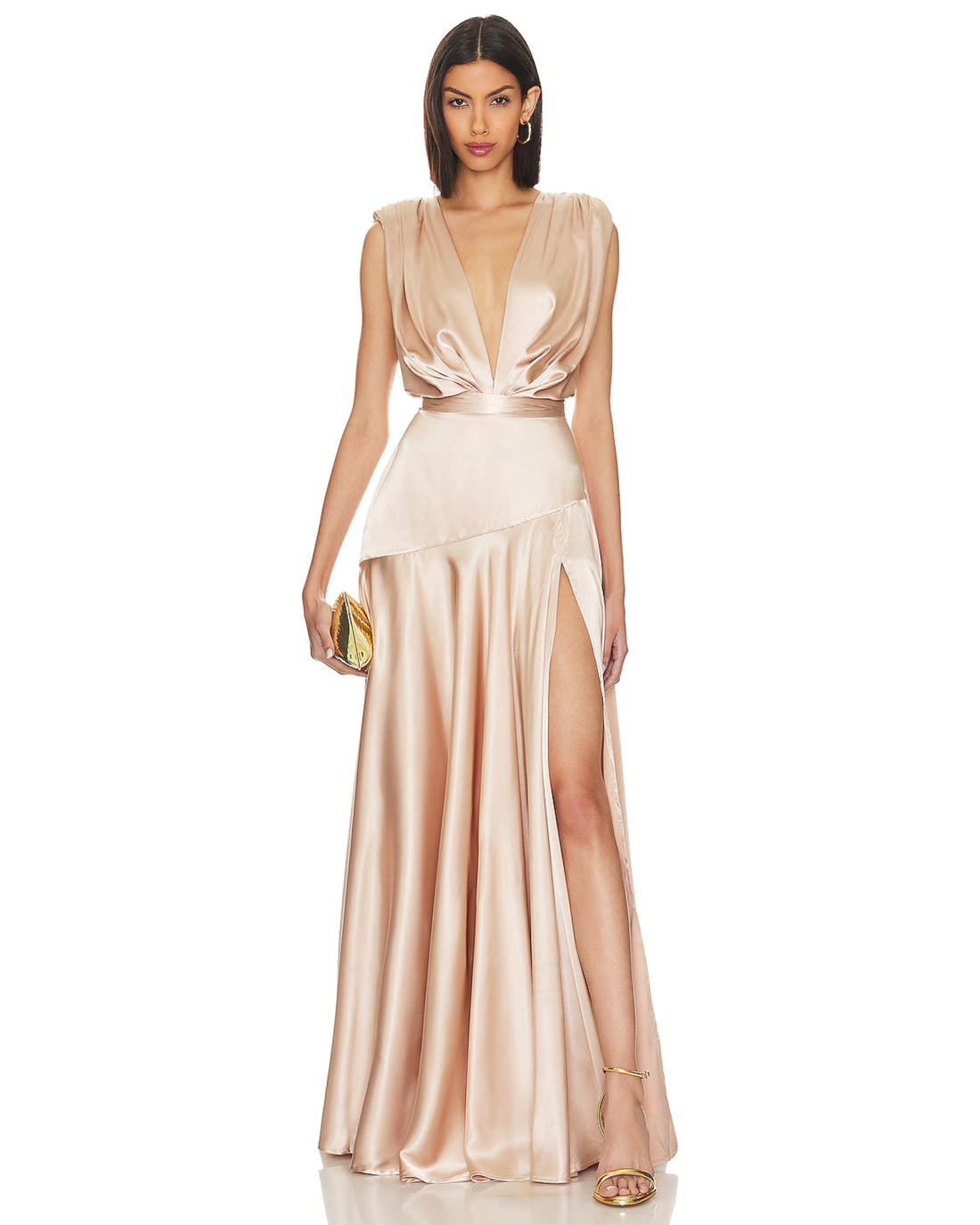 Champagne satin gown with twisted bodice and high slit skirt — Bronx & Banco | Endless UAE