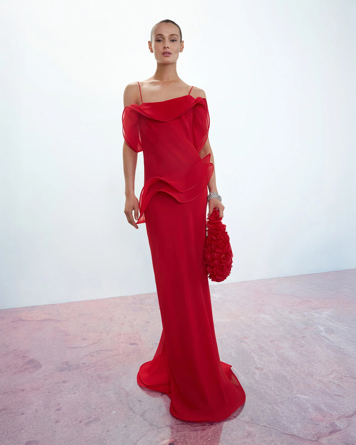 Red chiffon maxi dress with cold shoulder and ruffle details — Selezza London | Endless UAE