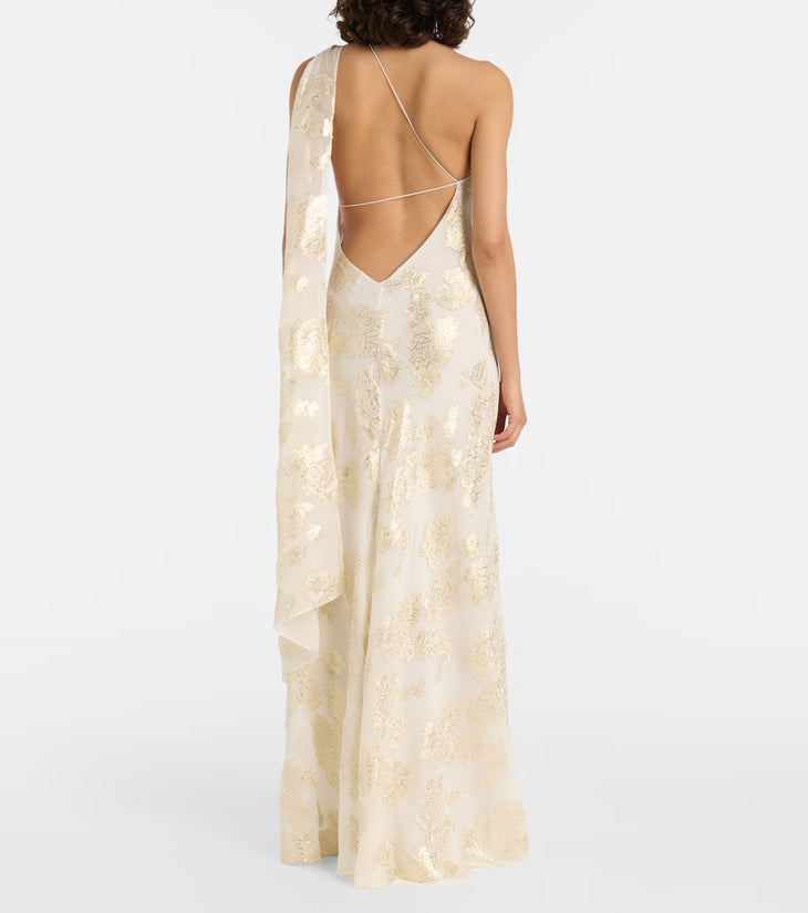 Ivory silk-blend lamé maxi dress with gold floral embroidery and one-shoulder neckline — Alexandra Miro | Endless UAE