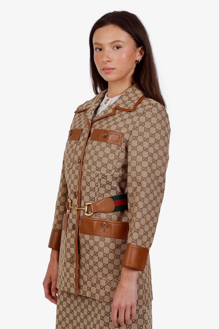 GG canvas jacket with leather trim, horsebit web belt detail, and gold-tone buttons — Gucci | Endless UAE