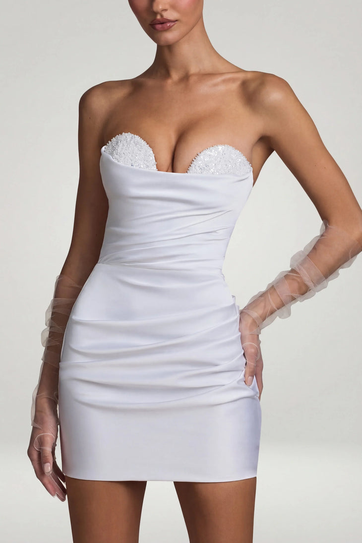 White ruched corset mini dress with beaded neckline — Oh Polly | Endless UAE