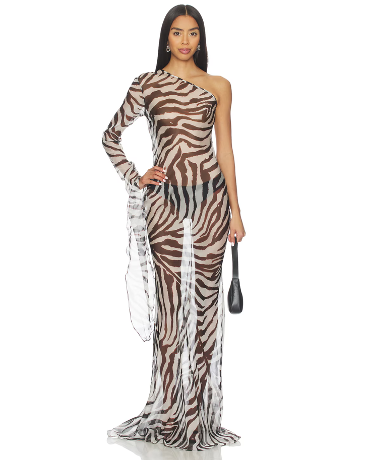 Zebra Print One-Shoulder Maxi Dress in Brown and White — Cha The Label | Endless UAE