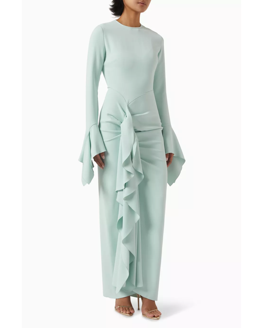 Della Draped Maxi Dress in sage green with bell sleeves and ruched waist detail — Solace London | Endless UAE