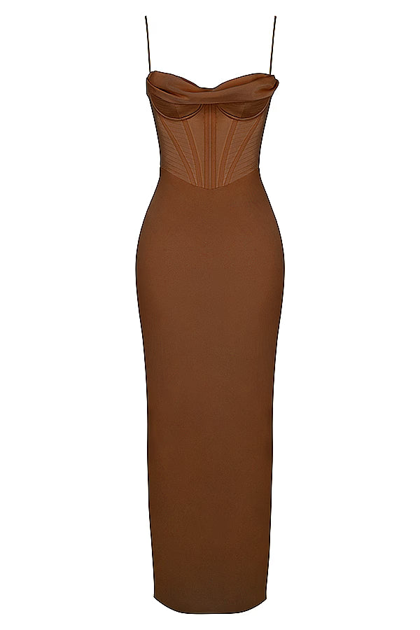 Chocolate corset maxi dress with sweetheart neckline and thin straps — House of CB | Endless UAE