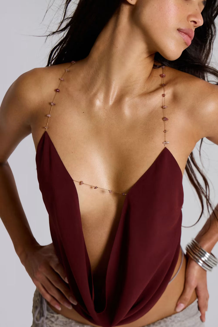 Burgundy backless cowl neck crop top with chain straps — Jaded London | Endless UAE