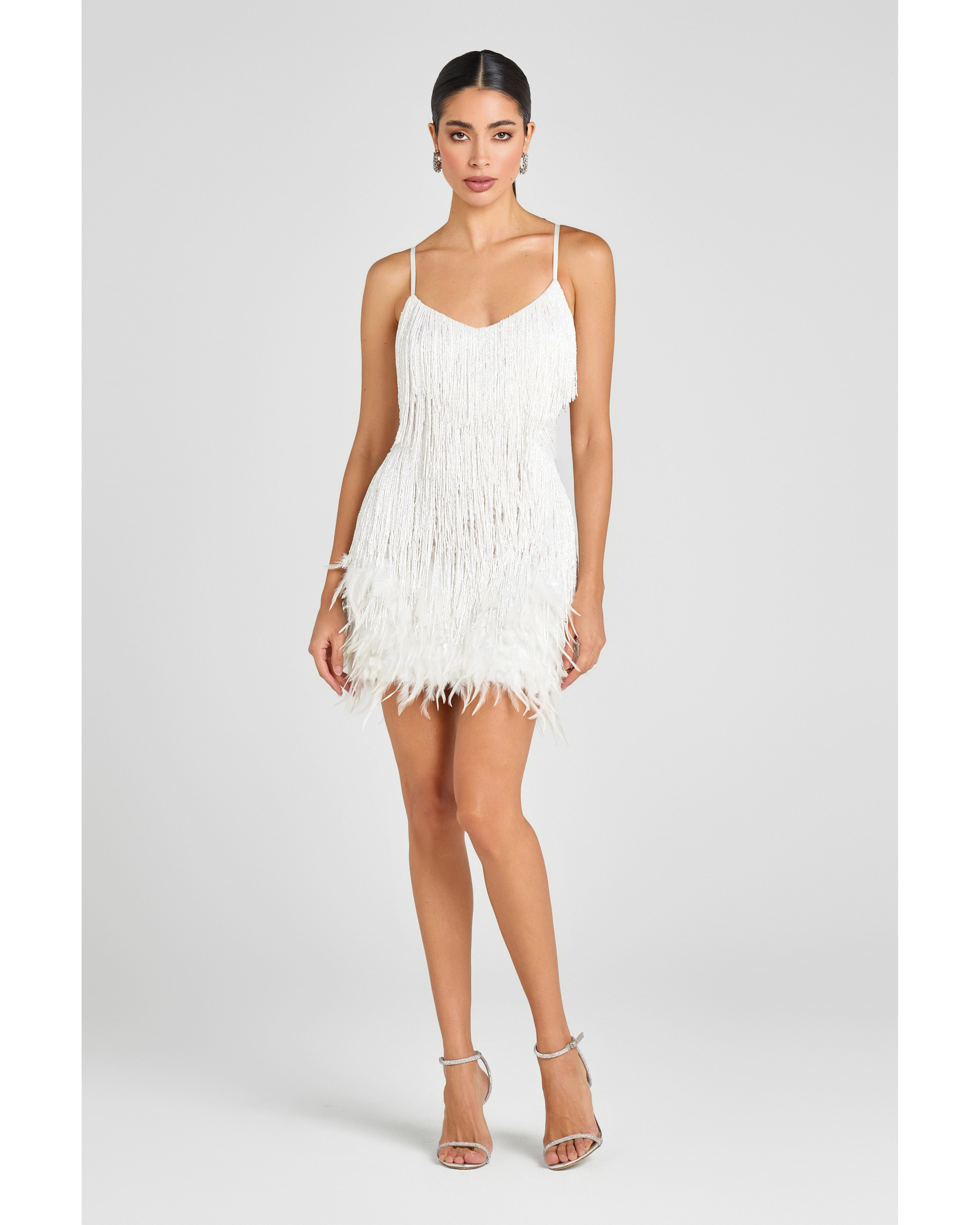 White fringed mini dress with spaghetti straps and V-neckline — Nadine Merabi | Endless UAE