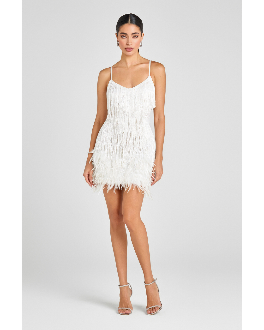 White fringed mini dress with spaghetti straps and V-neckline — Nadine Merabi | Endless UAE