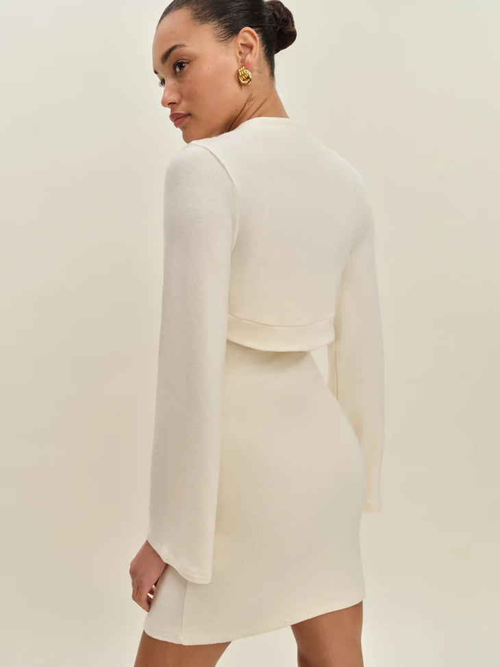 Cream knit shrug dress with square neckline and long sleeves — Reformation | Endless UAE