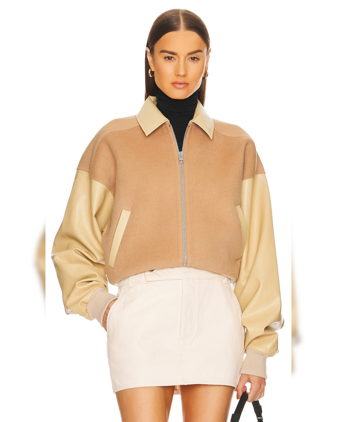 Faux Leather & Wool Blend Bomber in camel and cream — Helsa | Endless UAE