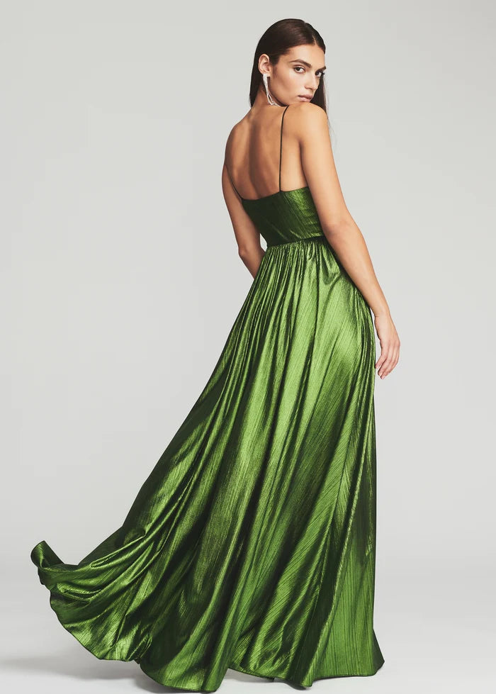 Green metallic pleated wrap dress with spaghetti straps and high slit — Retrofete | Endless UAE