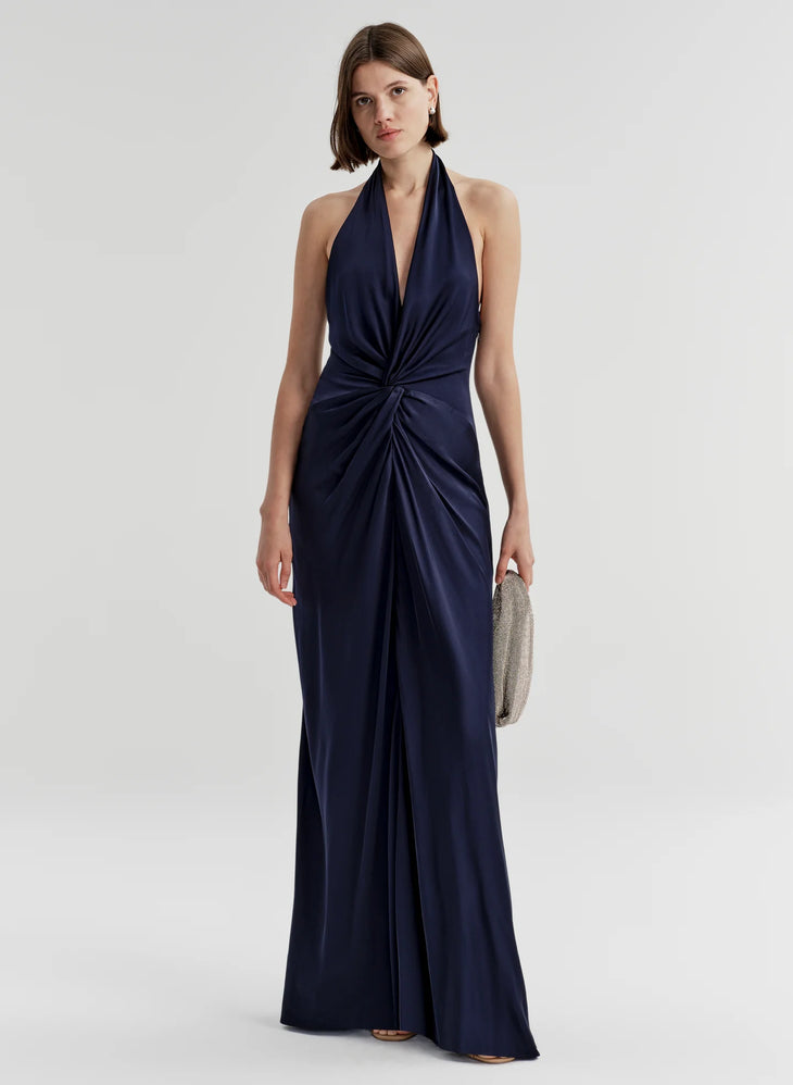 Black halter satin gown with twisted center detail and flowing hem — ALC | Endless UAE