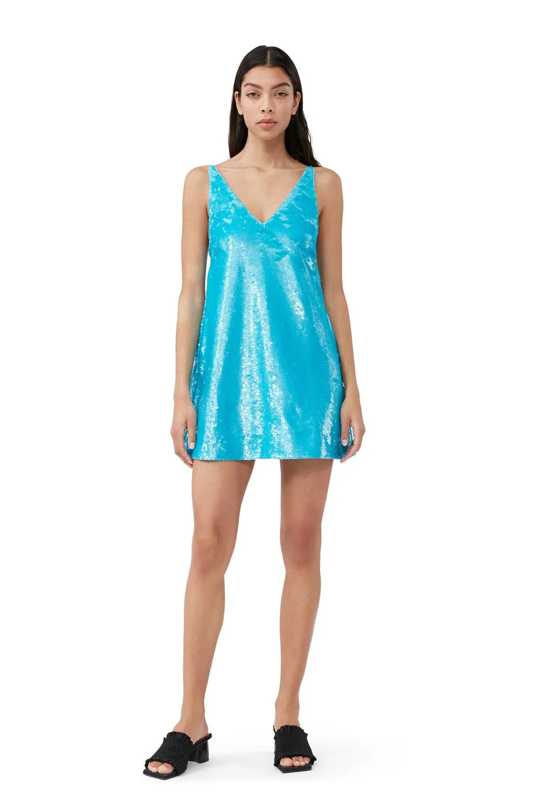 Bright blue sequined mini dress with V-neckline and sleeveless design — Ganni | Endless UAE